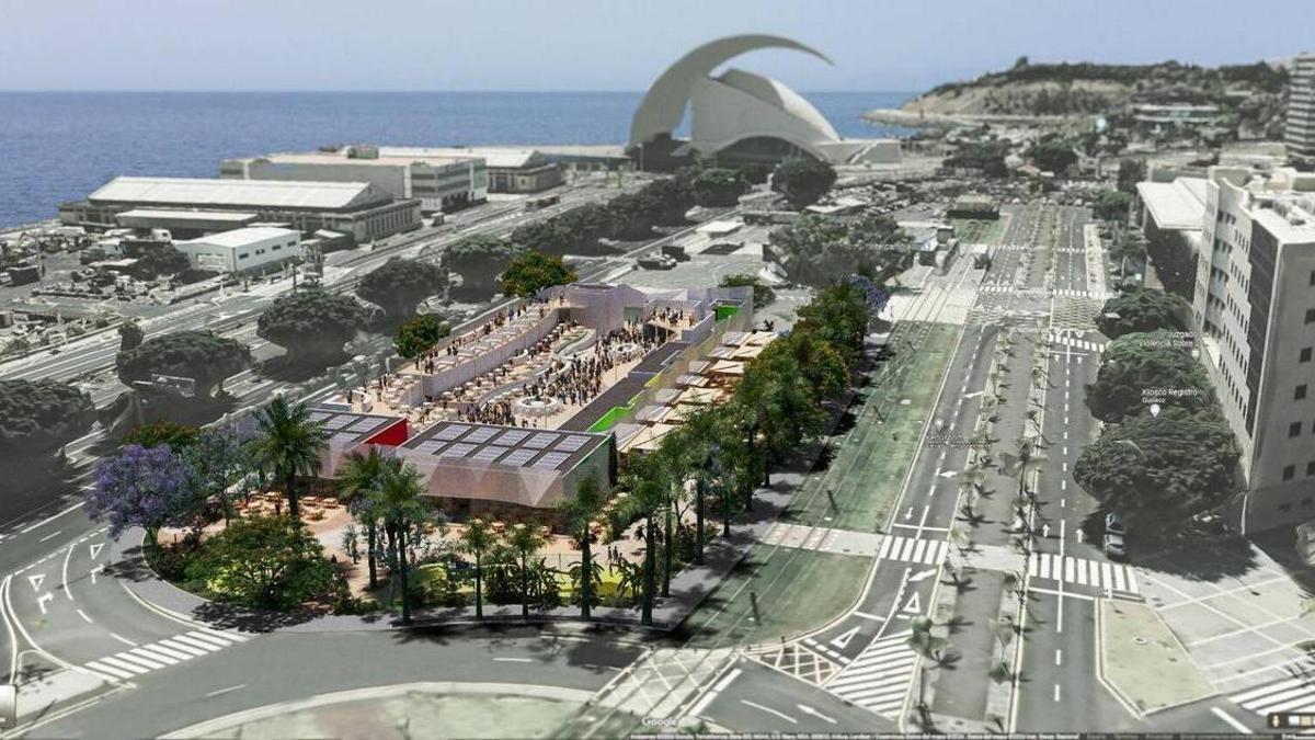 Infografía de la terraza de verano que la empresa Future quería instalar en el solar municipal de Cabo Llanos, en Santa Cruz de Tenerife