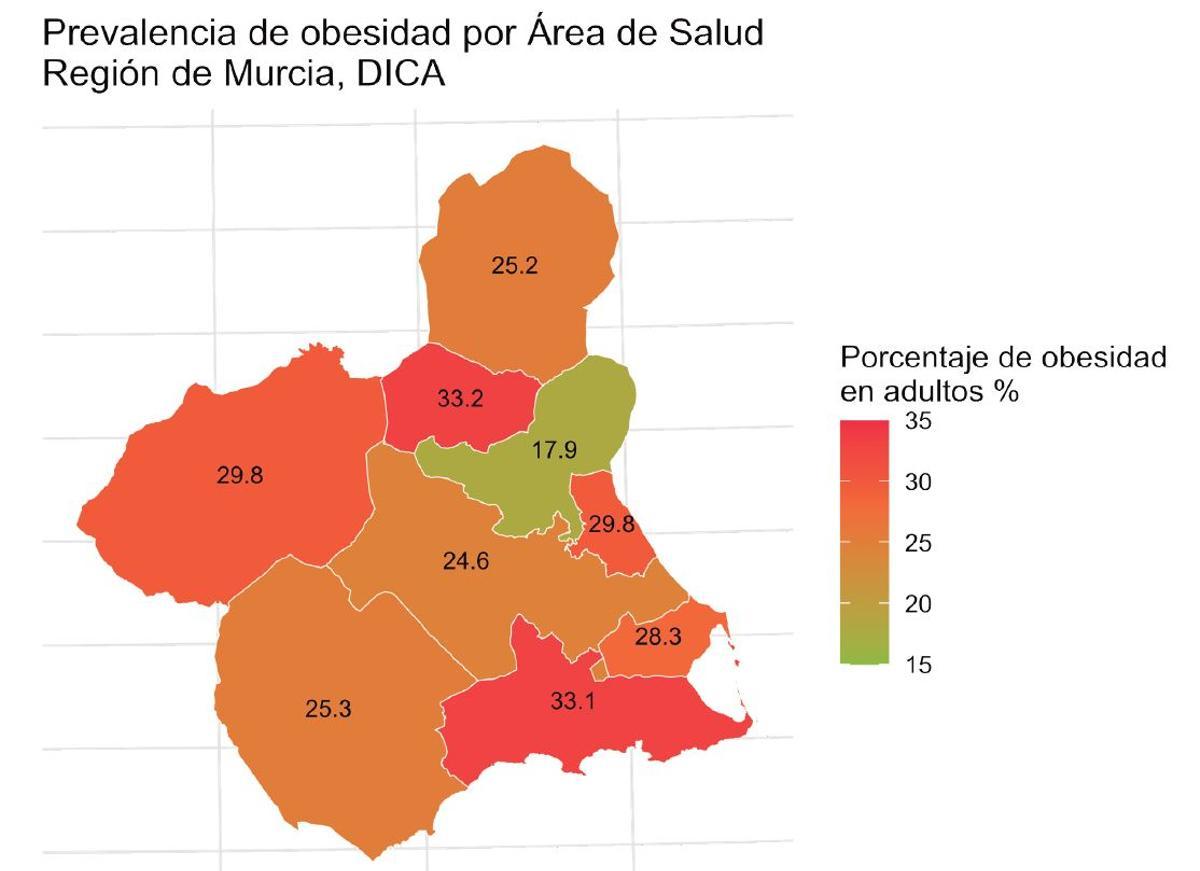 Porcentajes de obesidad por áreas de salud de la Región de Murcia.