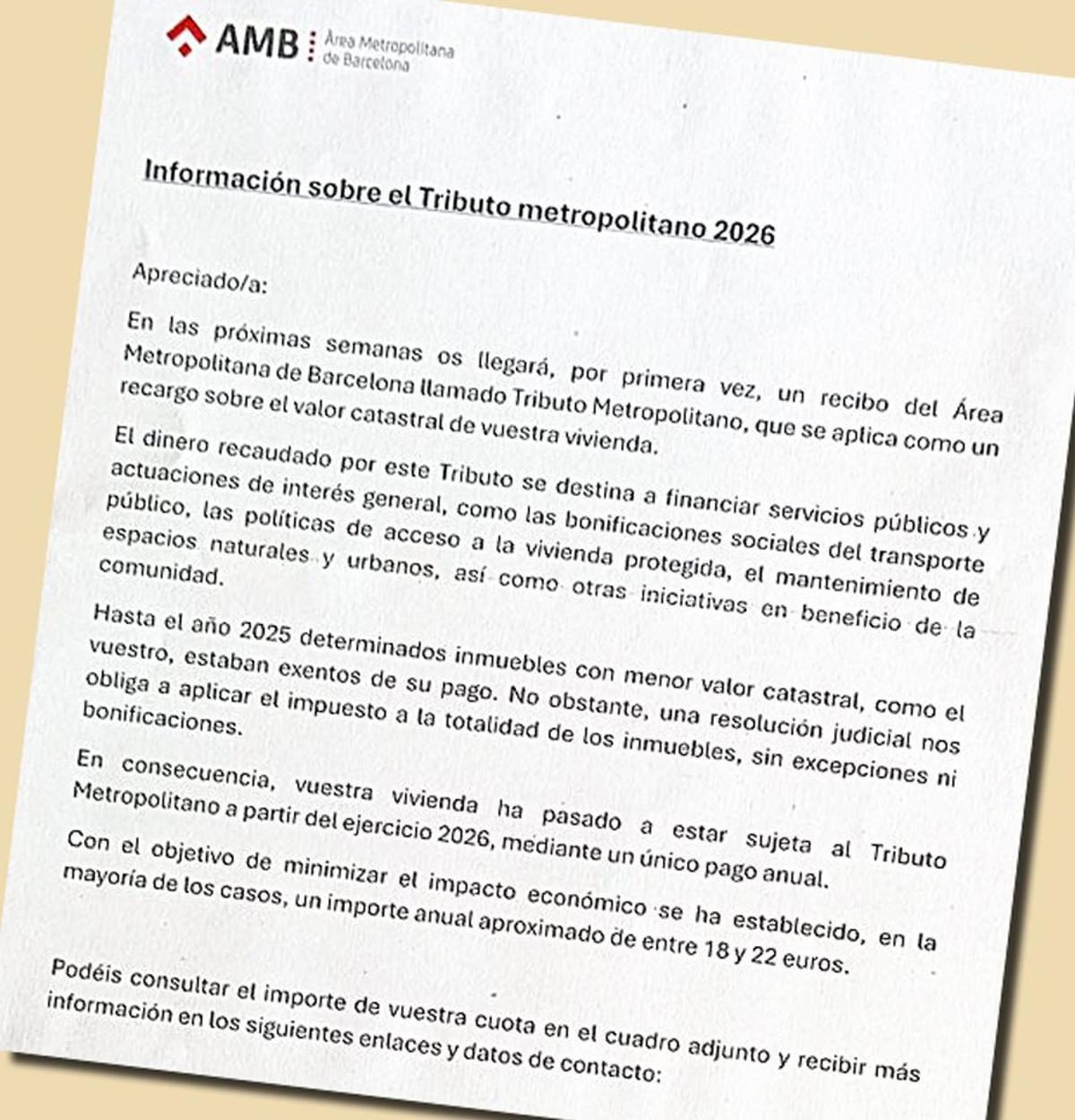 Milers de llars reben la carta de pagament del tribut metropolità
