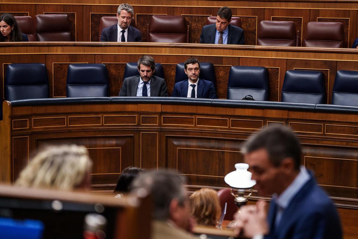 El ministro de Cultura, Ernest Urtasun (1i) y el ministro de Derechos Sociales, Consumo y Agenda 2030, Pablo Bustinduy (1d), durante una sesión plenaria en el Congreso