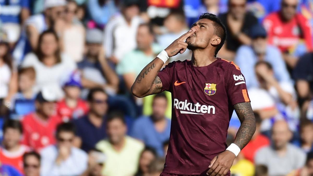 Paulinho celebra el gol de la victoria del Barça en Getafe.