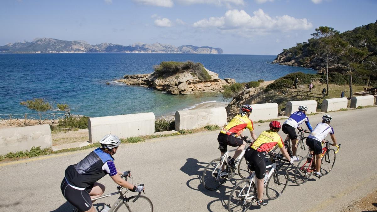 Un grupo de ciclistas circula por la carretera de la Victòria, en Alcúdia.