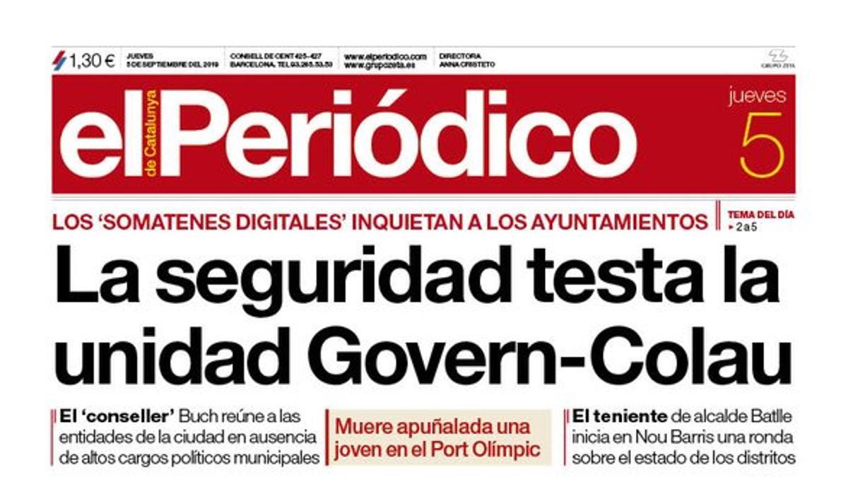 La portada de EL PERIÓDICO del 5 de septiembre del 2019.