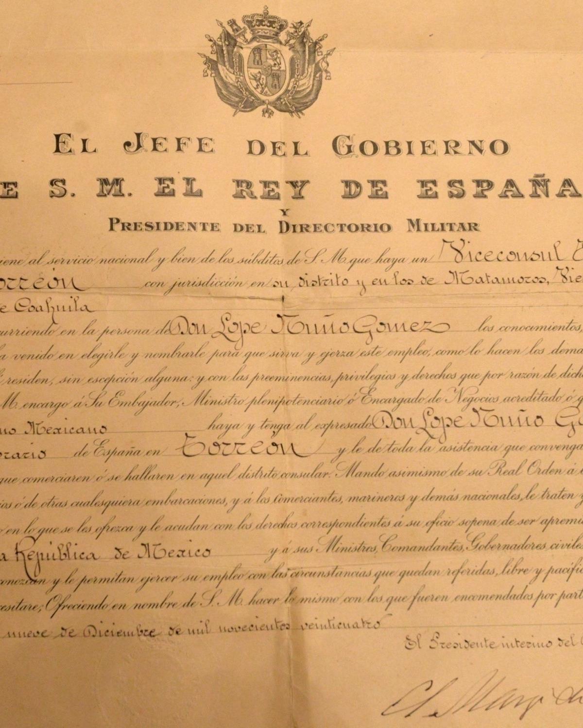 El nombramiento de Lope Nuño Garza como vicecónsul honorario en Torreón, México.