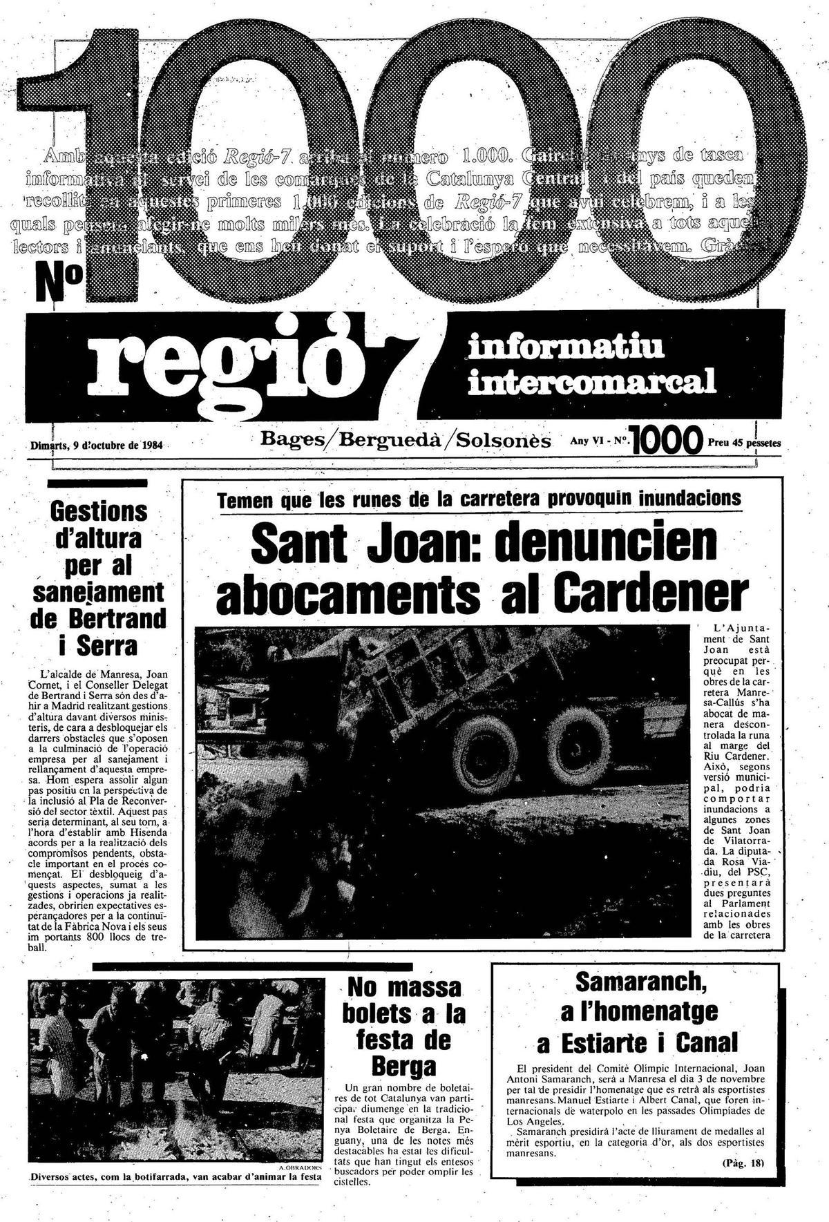 La portada 1.000 de Regió7 del 9 d'octubre de 1984
