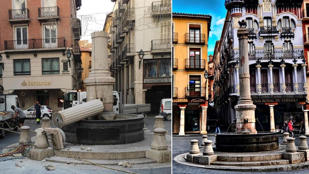 A la izquierda, estado de la fuente del Torico de Teruel tras el accidente; a la derecha, el monumento tal como se alzaba desde el siglo XVI