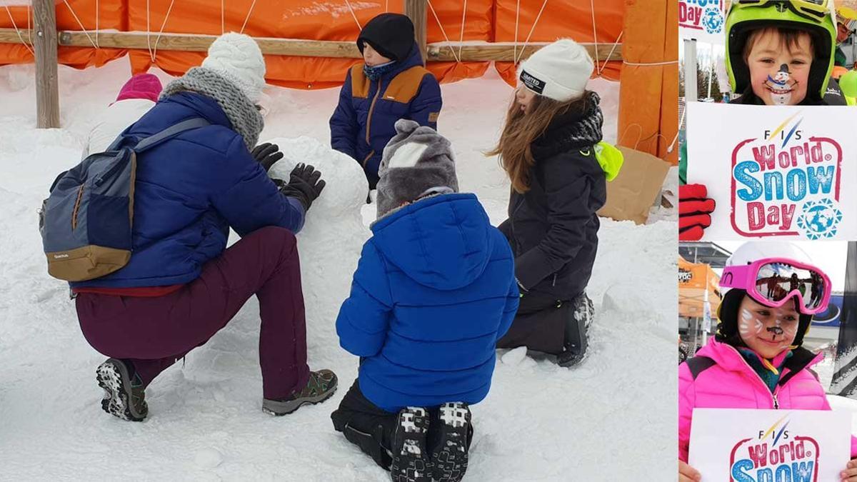 A la izquierda, construcción de muñecos de nieve en Vallter 2000. A la derecha, dos pequeños esquiadores en La Molina con el cartel del Día Mundial de la Nieve