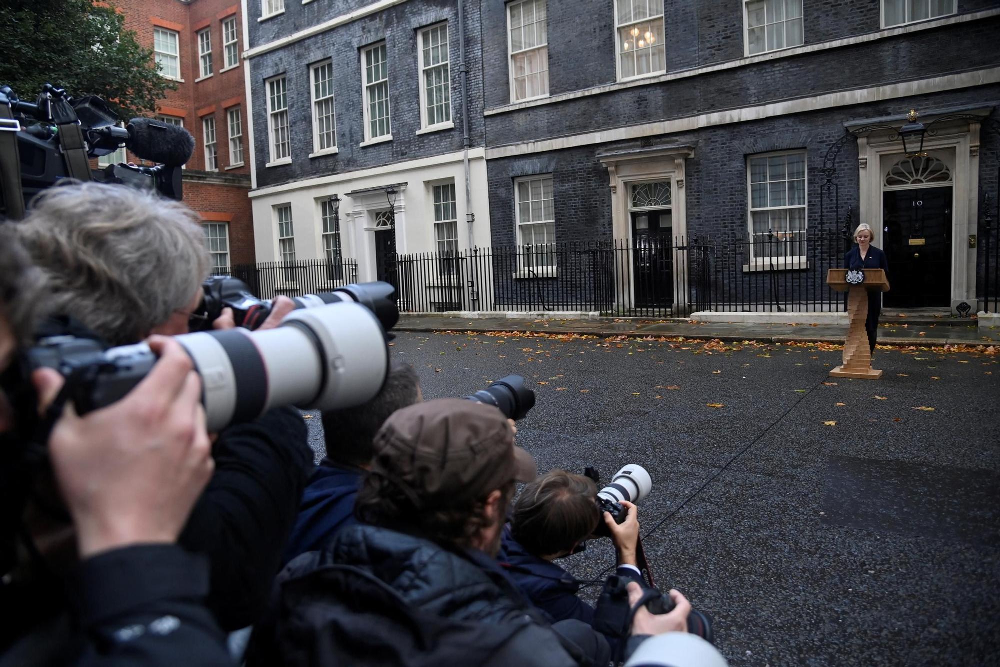 British Prime Minister Liz Truss announces her resignation, outside Number 10 Downing Street, London