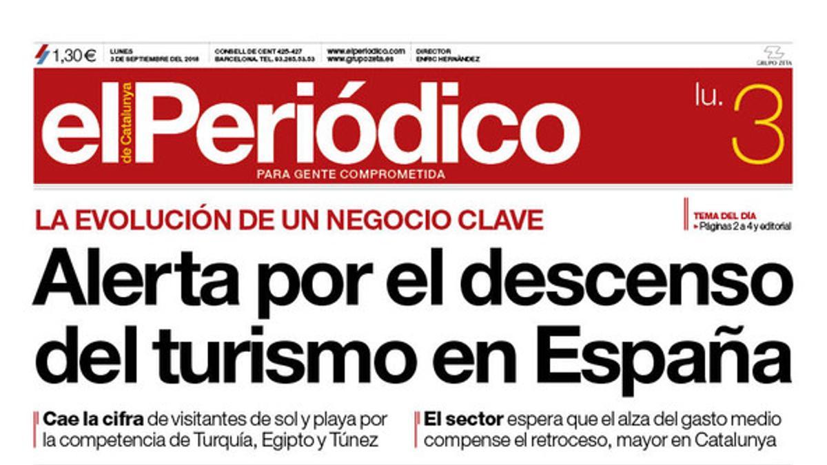 La portada de EL PERIÓDICO del 3 de septiembre del 2018.