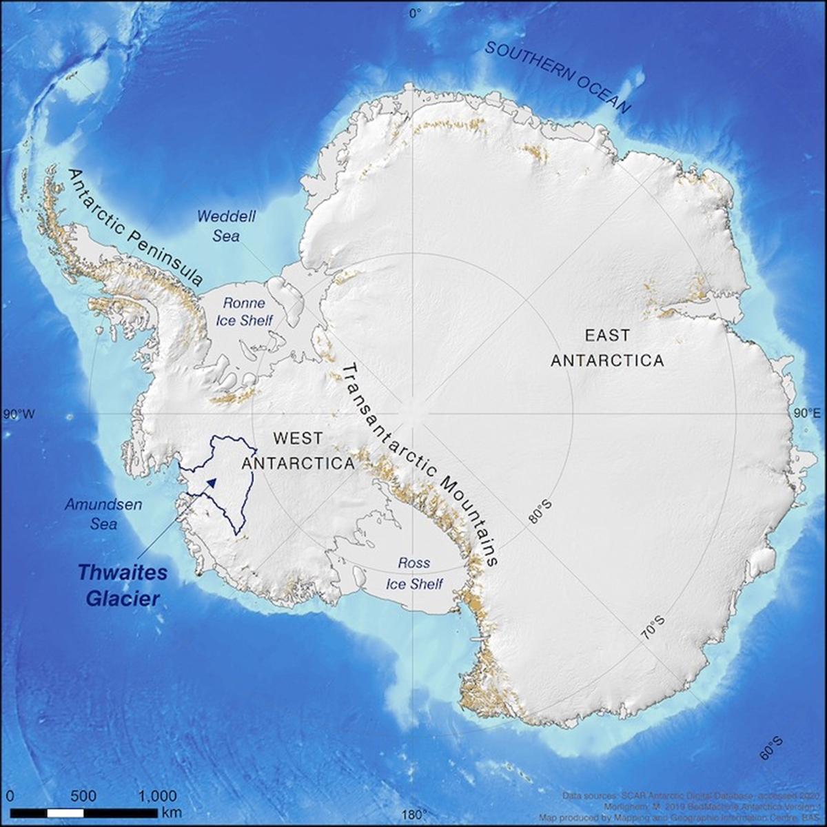 Ubicación del glaciar Thwaites en la Antártida