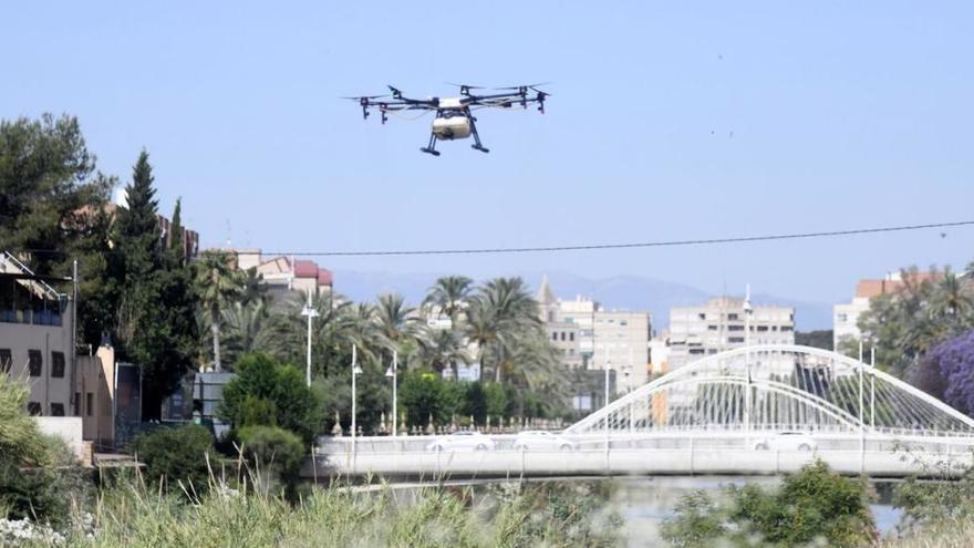 Un dron sobrevuela el río Segura a su paso por el centro