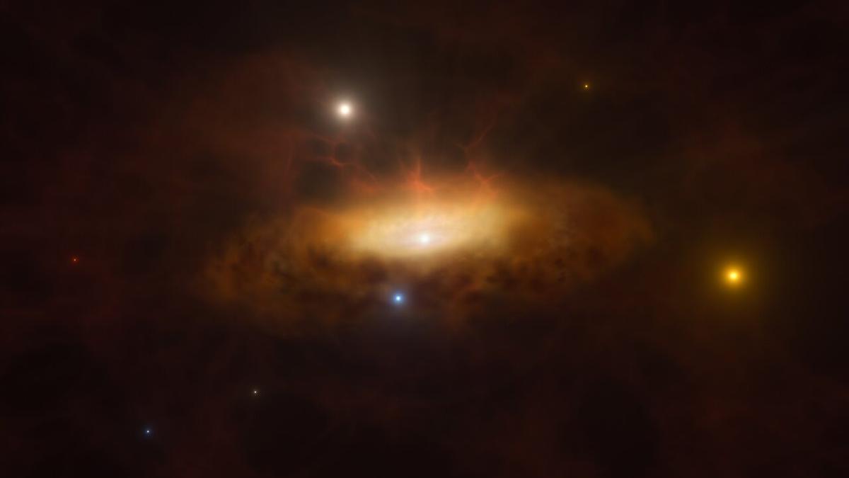 Reproducción artística del despertar del agujero negro del centro de la galaxia SDSS1335+0728.