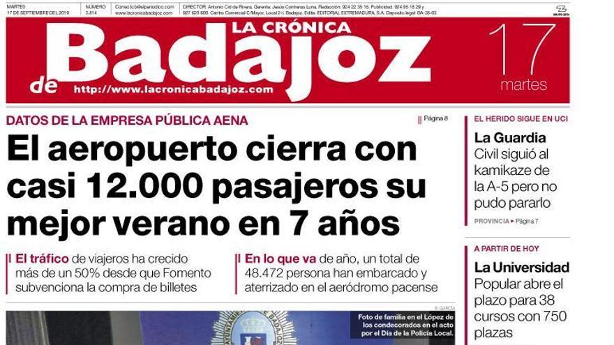 Esta es la portada de LA CRÓNICA DE BADAJOZ correspondiente al día 17 de septiembre del 2019