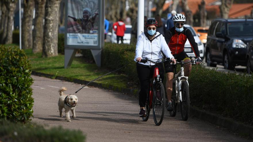 Ciclistas rodando con mascarilla por una zona verde de Pontevedra.