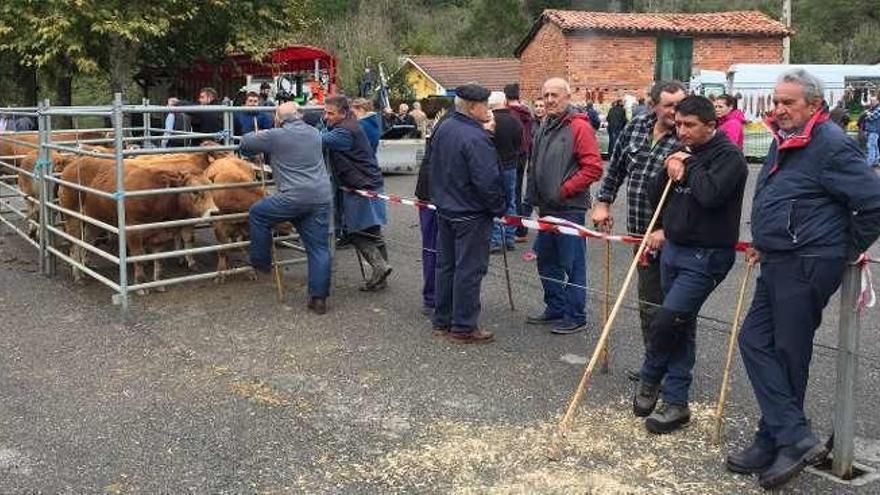 Algunos de los ganaderos asistentes a la feria amievense en el recinto ferial, ayer.