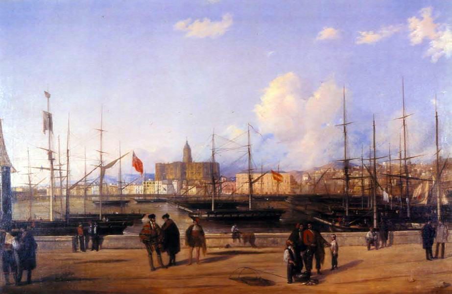 Óleo del Puerto de Málaga a mediados del XIX.