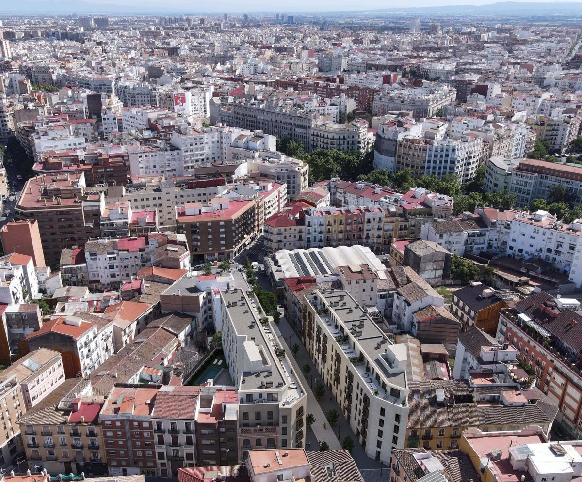 Recreación aérea de cómo quedará la promoción en el centro de Valencia.