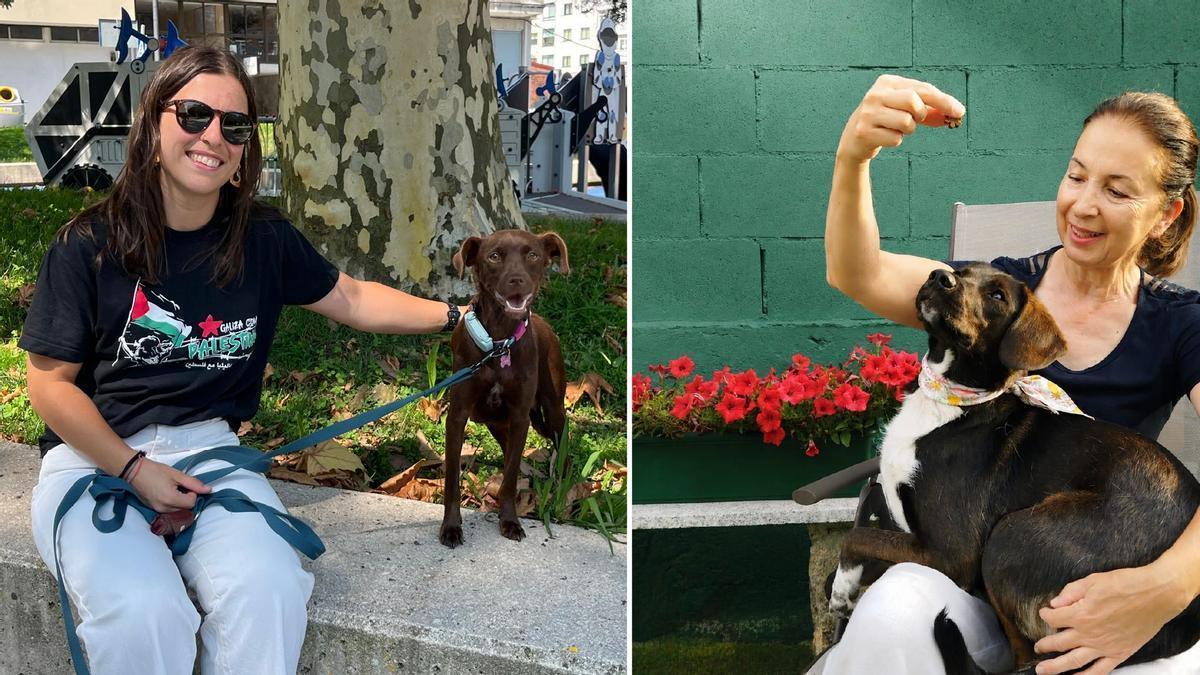 A la izda., Susana y Deza juntas en la Alameda de A Estrada; a la dcha., Lourdes posando con Bombón.