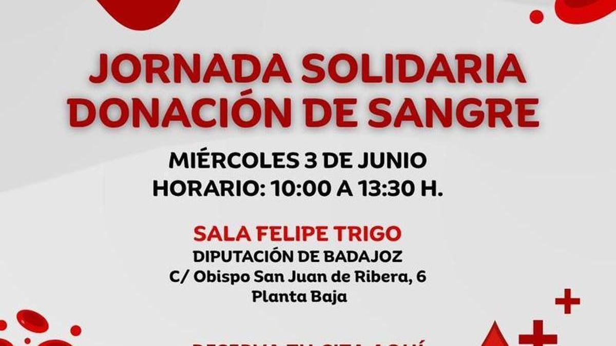Cartel de la jornada solidaria de donación de sangre de la Diputación de Badajoz.