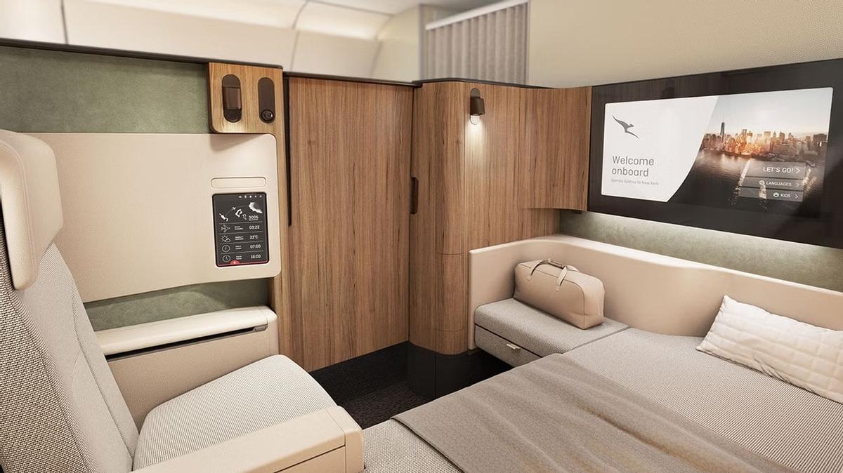 Montaje de Qantas de cómo sería la cabina de primera clase en los Airbus A350-1000ULR.