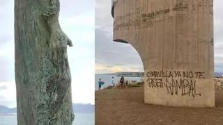 Indignación en Gijón por el ataque a dos de sus emblemas: llenan de pintadas El Elogio y arrancan un dedo a otra famosa escultura