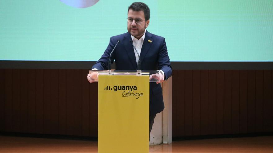 El president de la Generalitat i futur candidat d'ERC a les eleccions al Parlament del 12-M, Pere Aragonès, durant l'acte d'ERC a la UPC