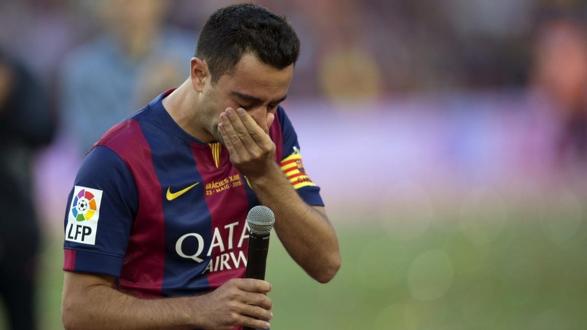 Xavi Hernández durante su despedida y homenaje como futbolista del FC Barcelona en 2015