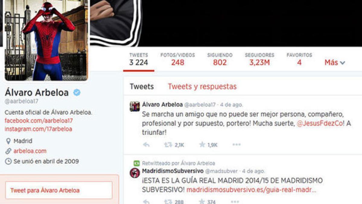 Captura del perfil de Twitter de Arbeloa donde se ve el tuit.