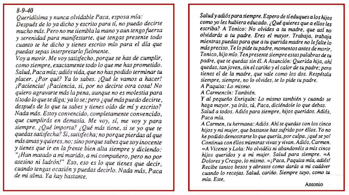 La carta de despedida de Antoni Ginés a su mujer, Paca, tres días antes de ser fusilado en el paredón de Paterna.