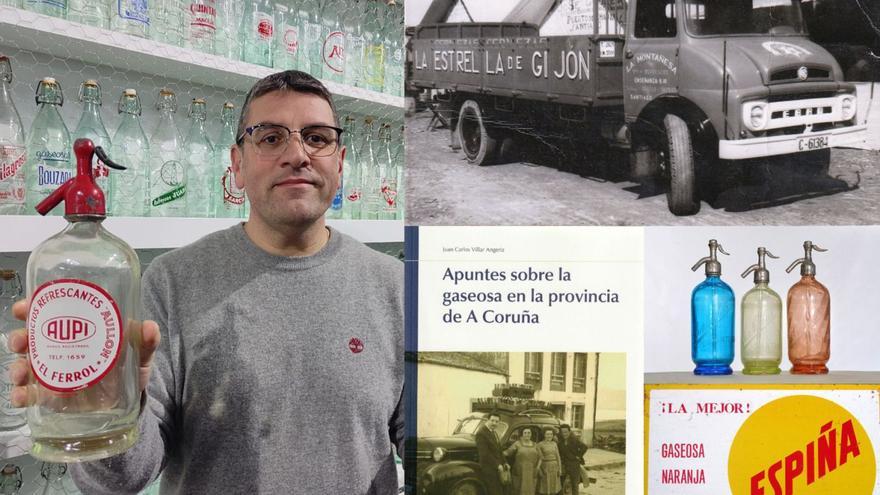 Juan Carlos Villar Angériz. Al lado, su libro, un camión de La Montañesa-La Estrella de Gijón, botellas de San Nicolás y un rótulo de Espiña / cedidas