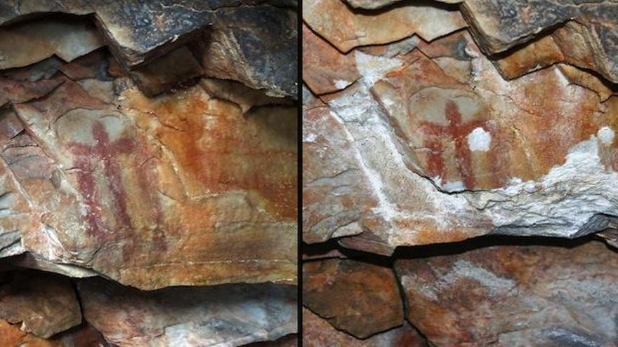 Imágenes facilitadas por Benito Navarrete del antes y el después del estado de la pintura rupestre encontrada hace 41 años en la cueva de Los Escolares de Santa Elena (Jaén), declarada Patrimonio de la Humanidad.