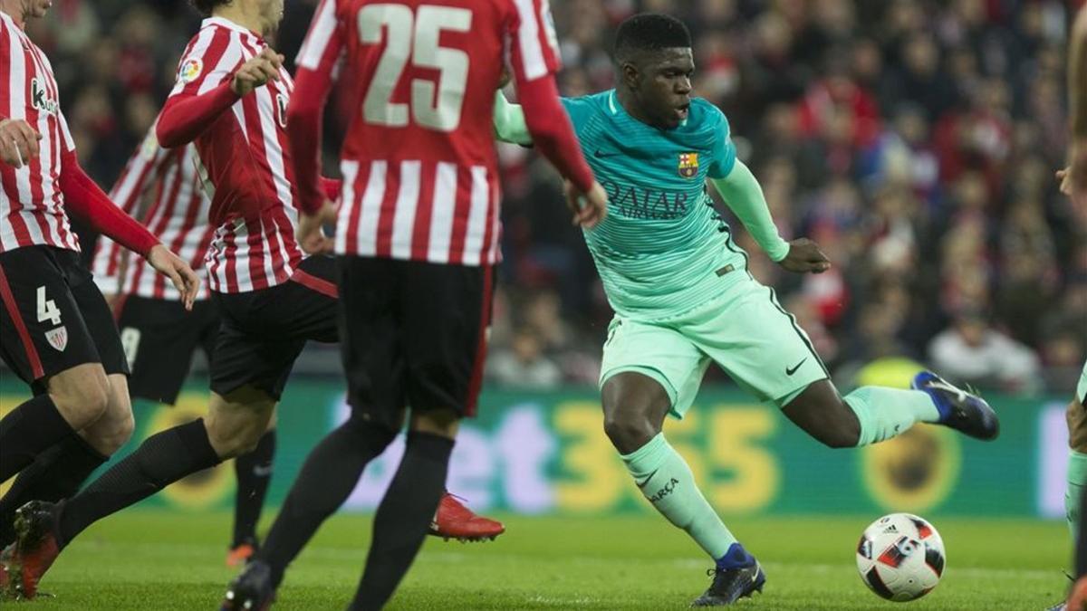 Samuel Umtiti durante el partido de Copa ante el Athletic en San Mamés