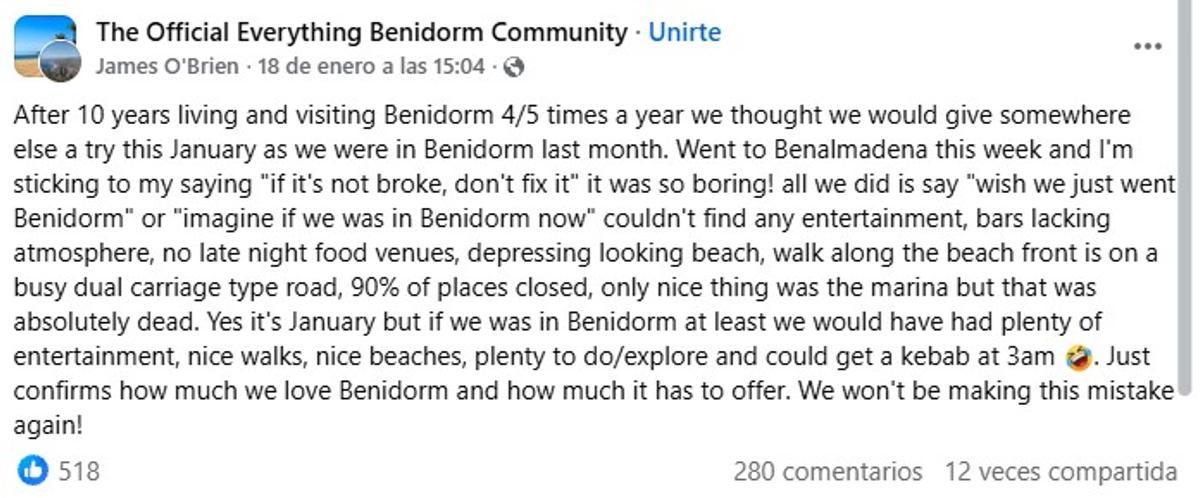 La publicación de James O'Brien en Facebook sobre Benidorm