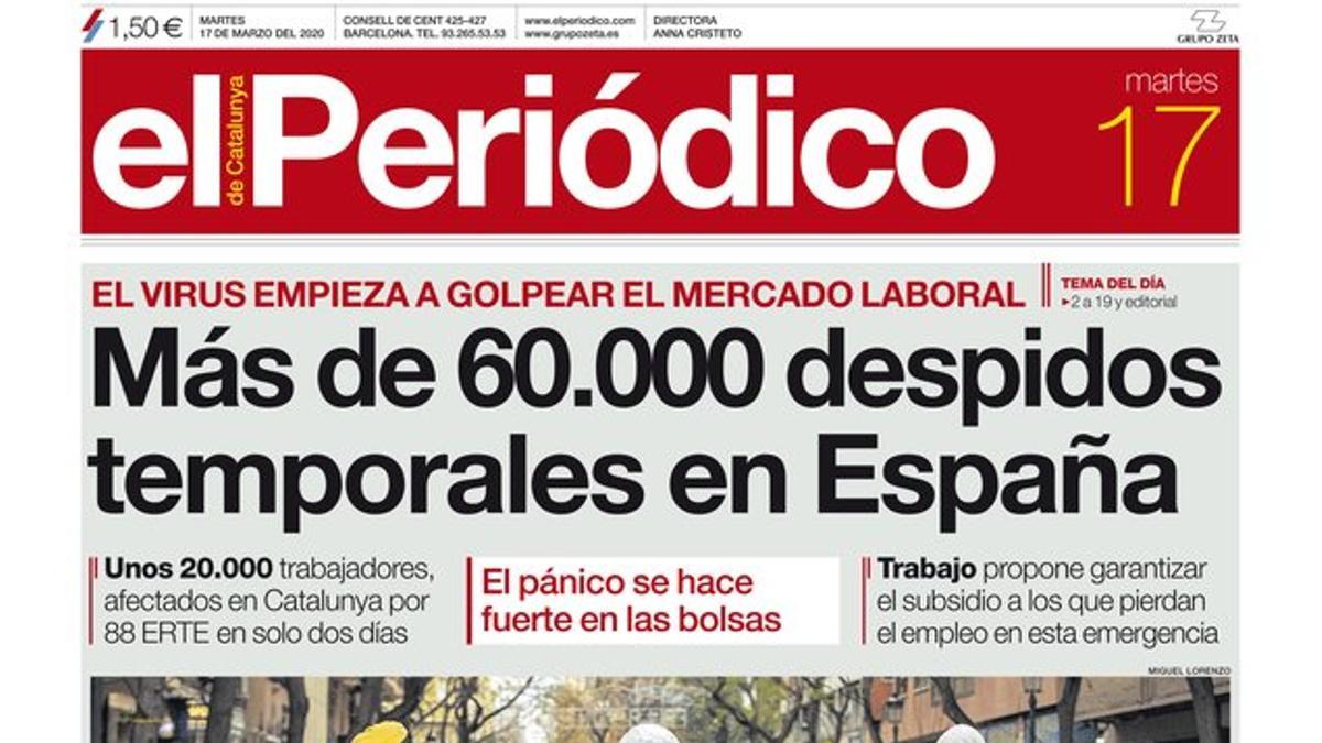 La portada de EL PERIÓDICO del 17 de marzo del 2020