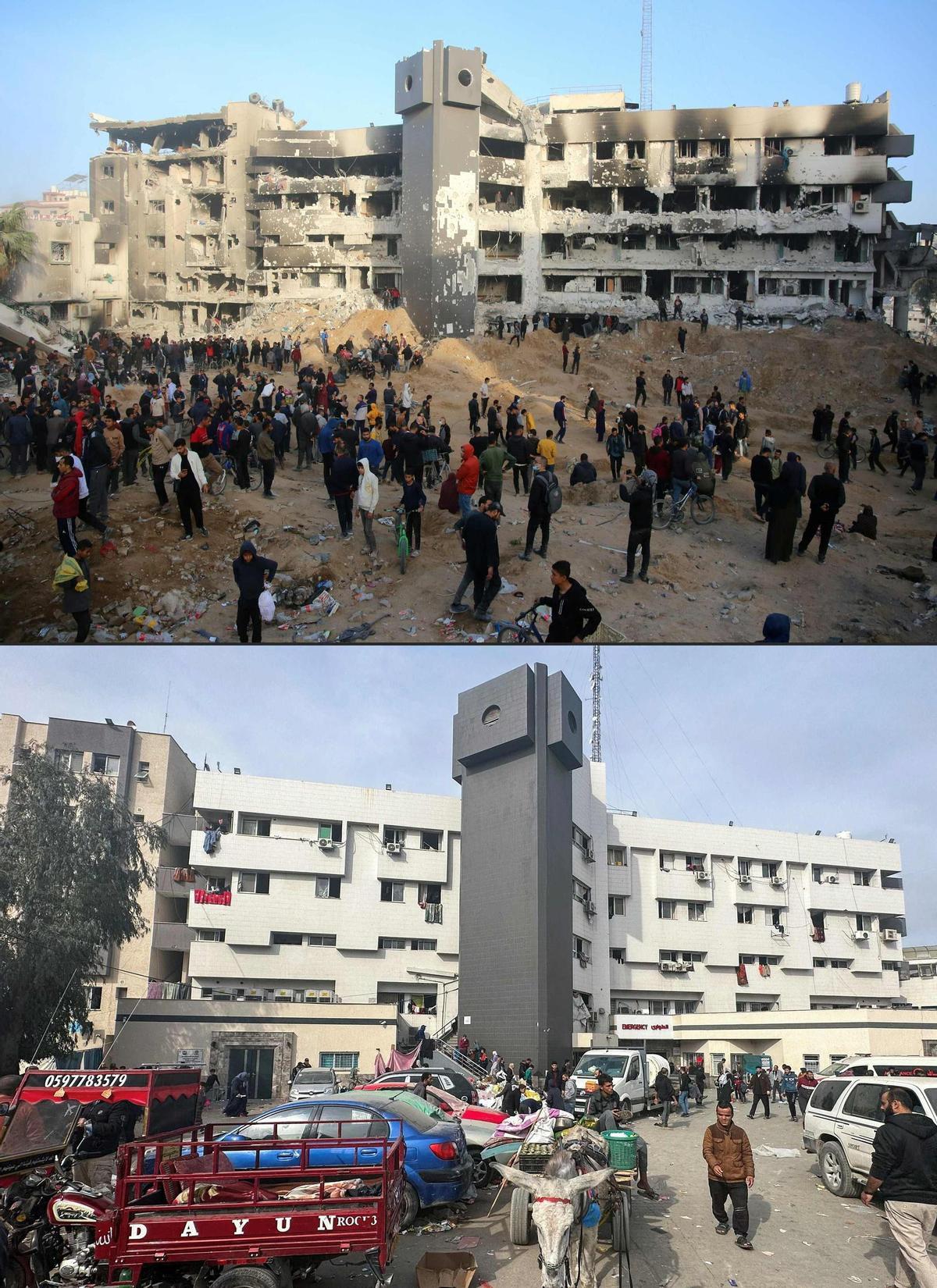 Esta combinación de imágenes creadas el 1 de abril de 2024 muestra los daños en el hospital Al-Shifa de Gaza después de que el ejército israelí se retirara del complejo que alberga el hospital el 1 de abril de 2024 (arriba), y los palestinos desplazados se reunieran en el patio del hospital Al-Shifa de Gaza. Hospital Shifa el 10 de diciembre de 2023, mientras continúan las batallas entre Israel y el grupo militante Hamas en el territorio palestino.