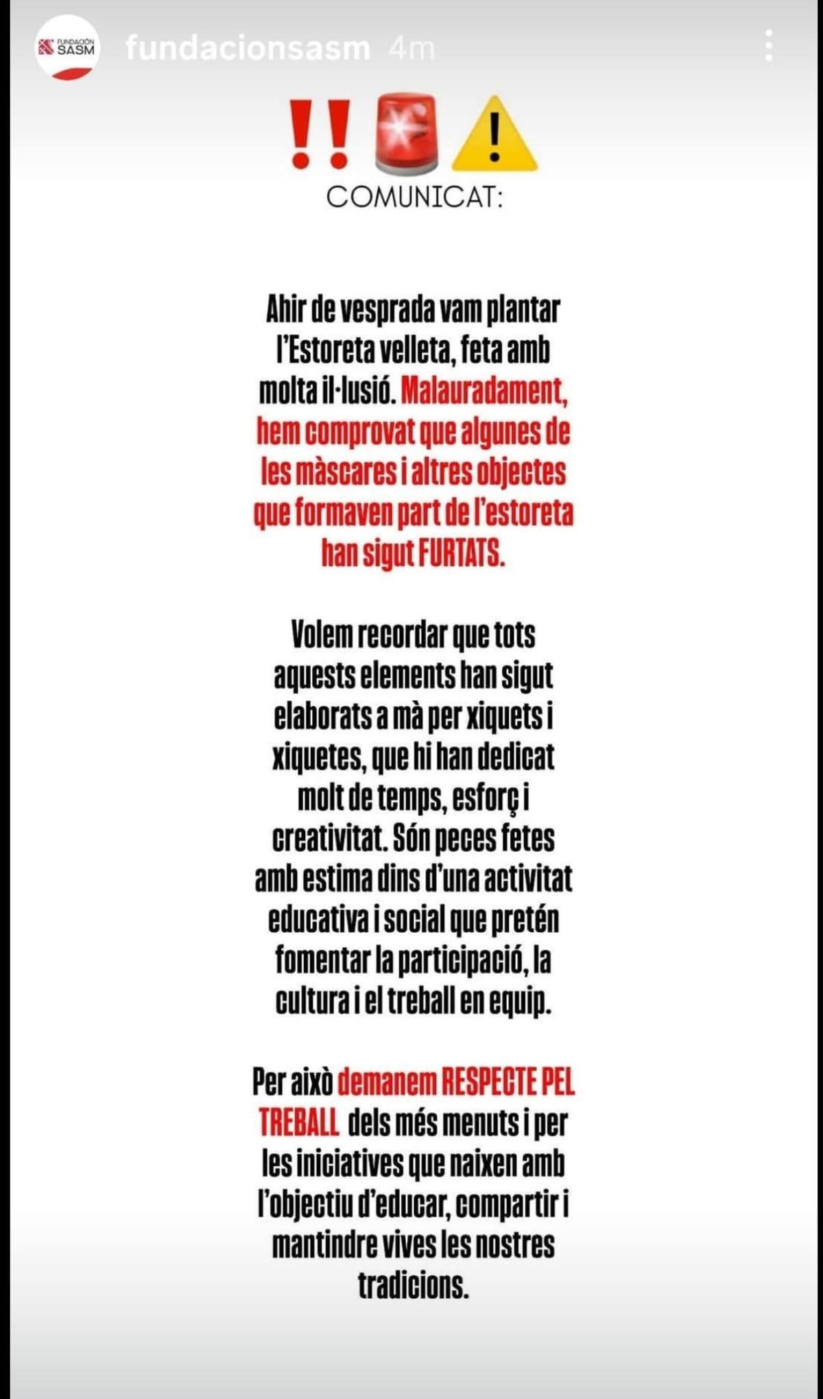 Comunicado de la fundación aletando del robo.