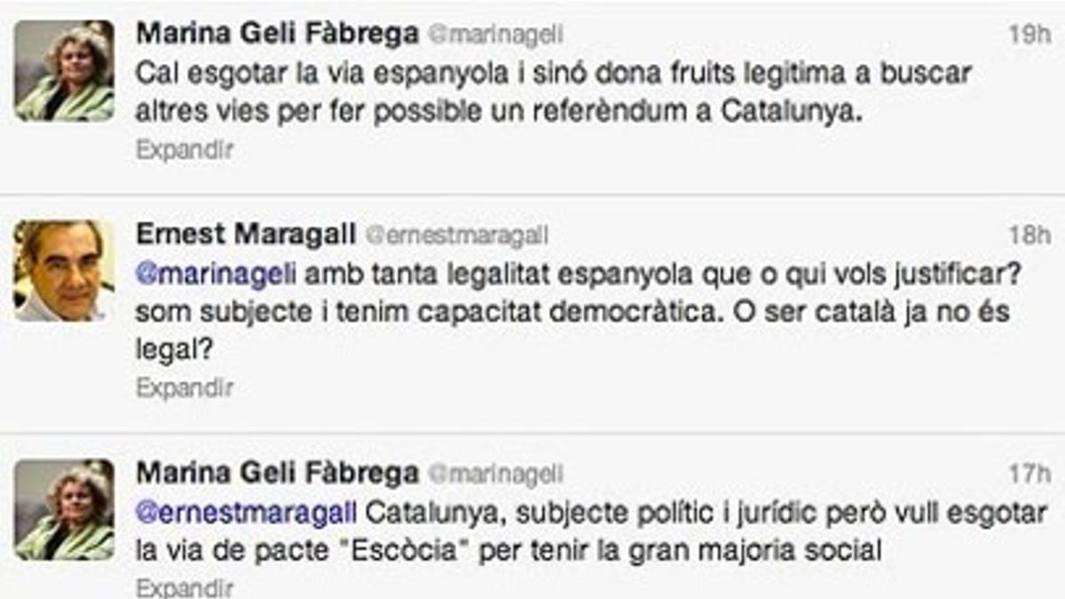 Diálogo en Twitter entre los 'exconsellers' socialistas Ernest Maragall y Marina Geli.