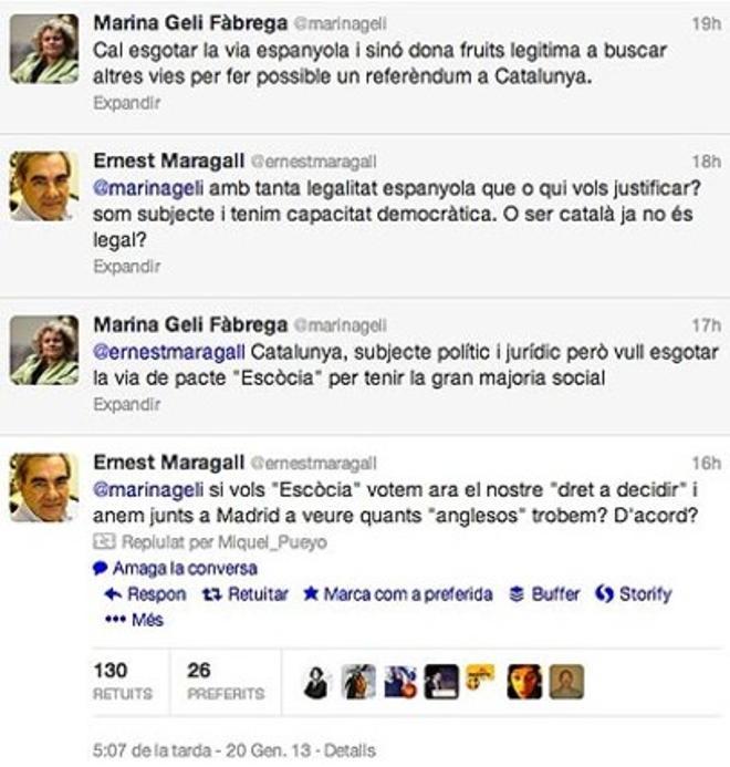 Diàleg a Twitter entre els exconsellers socialistes Ernest Maragall i Marina Geli.