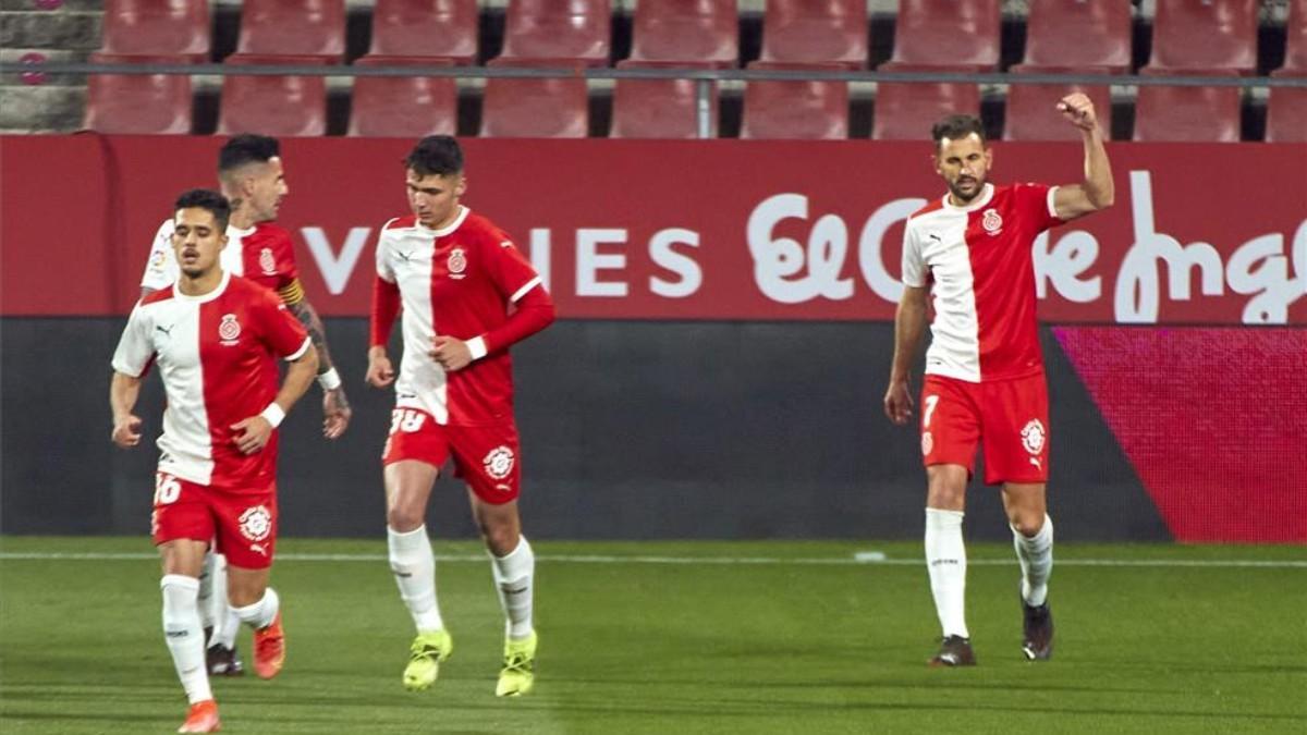 Los jugadores del Girona celebran un gol esta temporada.