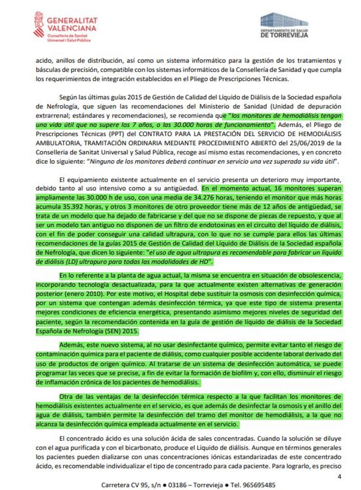 Extracto de la memoria justificativa de la jefatura de Nefrología en la que advierte de las condiciones en las que Ribera dejó el equipamiento