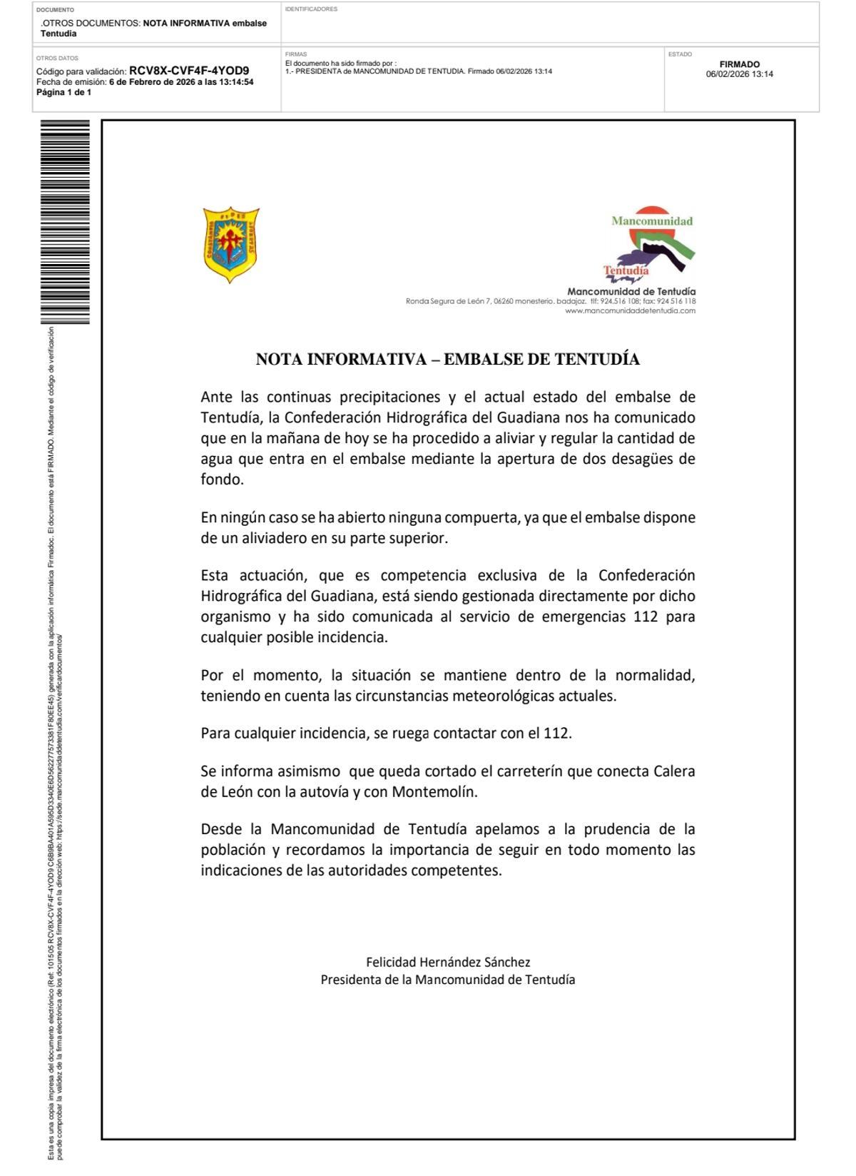 Comunicado oficial de la Mancomunidad de Tentudía