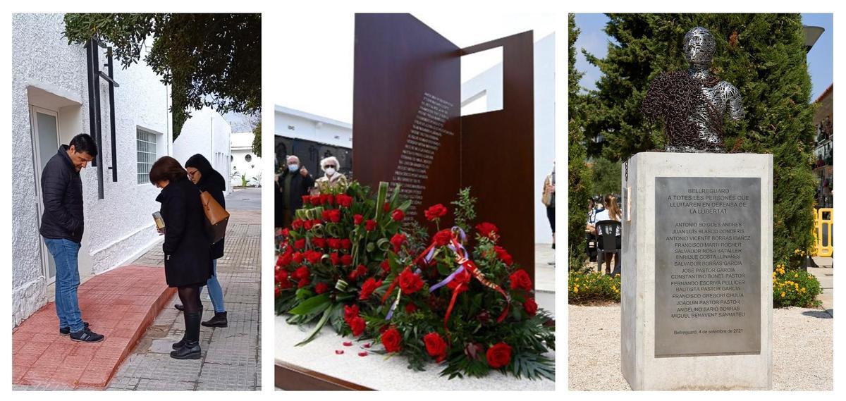 De izquierda a derecha rampa en Beniarjó y sendos monumentos memorialistas en Oliva y en Bellreguard.