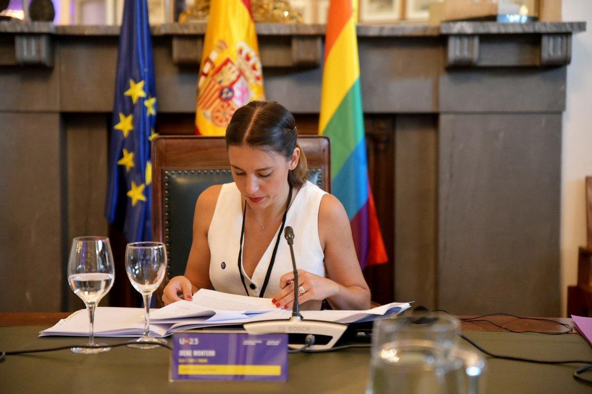 La ministra de Igualdad, Irene Montero, en la reunión "Avanzando los derechos LGTBI en Europa", celebrado en el marco de la presidencia española del Consejo de la UE.