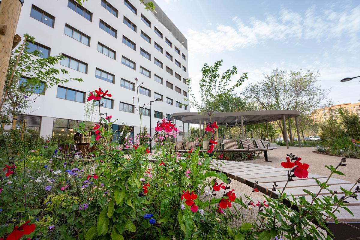 Jardín Terapéutico del Hospital Ascires, con zonas de reposo y espacios sensoriales.