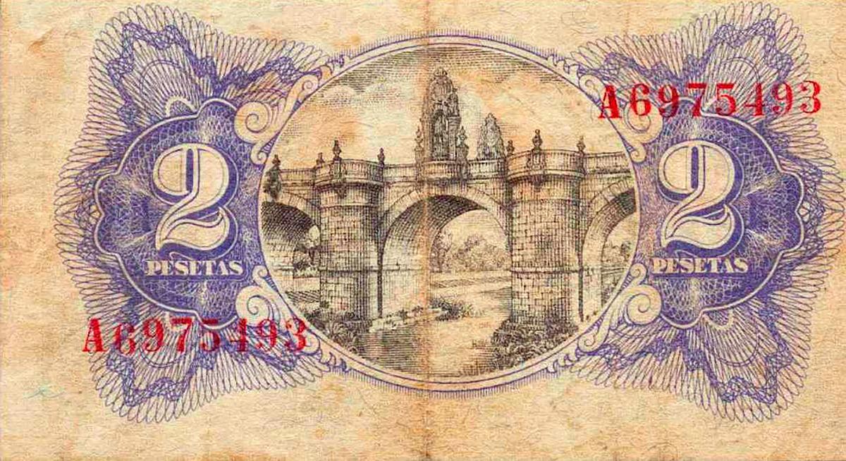 El puente de Toledo de Madrid en el reverso del billete de 2 pesetas.
