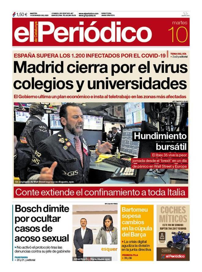 La portada de EL PERIÓDICO del 10 de marzo del 2020.