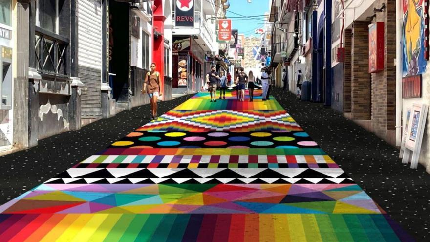 Recreación virtual de la obra que Okuda pintará sobre el suelo de la calle Santa Agnès. | ASA