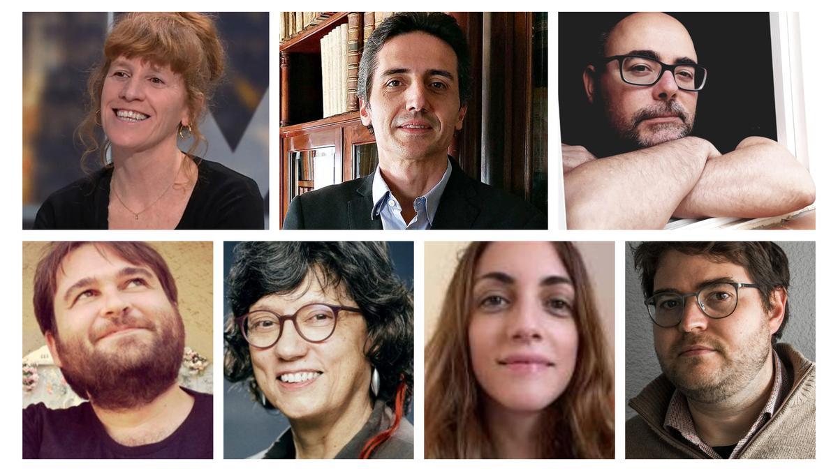 De izquierda a derecha y de arriba a abajo, Eugènia Broggi (L'Altra), Ignasi Moreta (Fragmenta), Miquel Adam (La Segona Perifèria), Ricard Planas (Males Herbes), Antònia Carrè-Pons (Cal Carré), Mariona Bosch (Edicions del Cràter) y Daniel Osca (Sajalín)