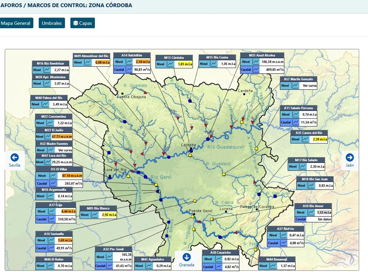 Niveles de los ríos de la provincia de Córdoba a las 07.40 horas de hoy miércoles, según la web de la CHG.