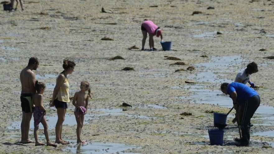 Unos turistas observan a las mariscadoras de A Illa mientras trabajan. // Noé Parga